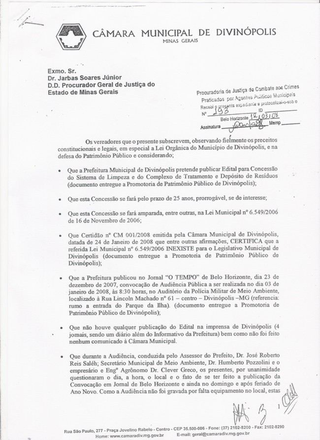 Vereador Vladimir Azevedo (PSDB) denuncia prefeito de Divinópolis, Demetrius Arantes Pereira (PSC), na Procuradoria Geral de Justiça de Minas Gerais